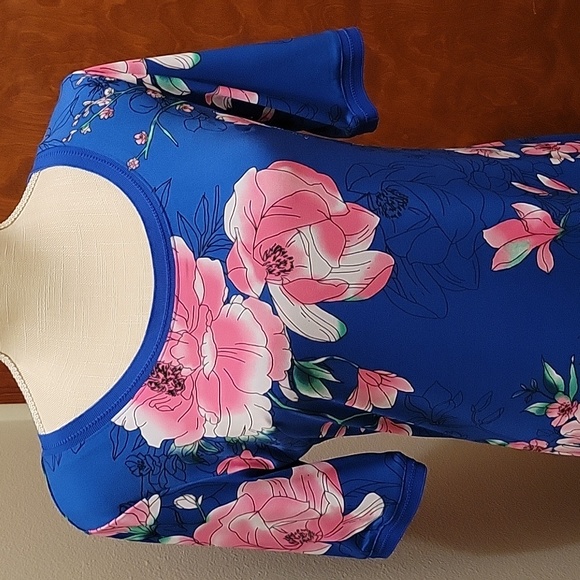 G.I.L.I. Short Sleeve Cobalt Blue Maxi Dress with Pink and White Flowers - XS - Picture 2 of 13